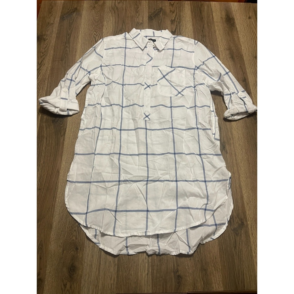 North River Shirt, Women's Size Large, White Blue, 3/4 Sleeve, Check